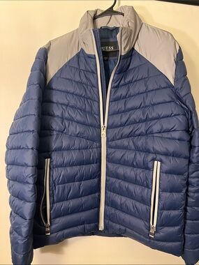 Guess Men's Blue Quilted Jacket with Light Gray Yoke